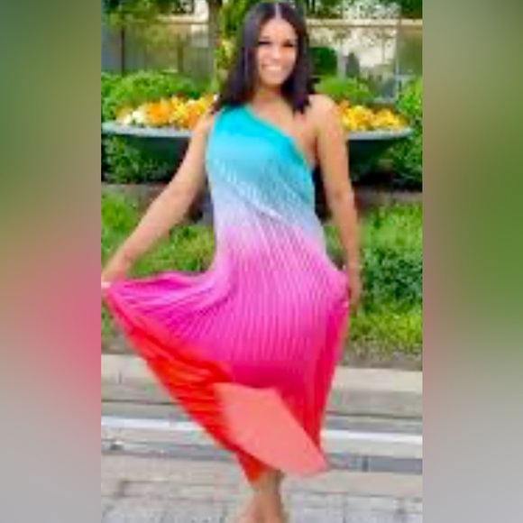 Nicole Miller Dresses & Skirts - Nicole Miller Sleeveless One Shoulder Summer Sunset Ombré Satin Plissé Gown